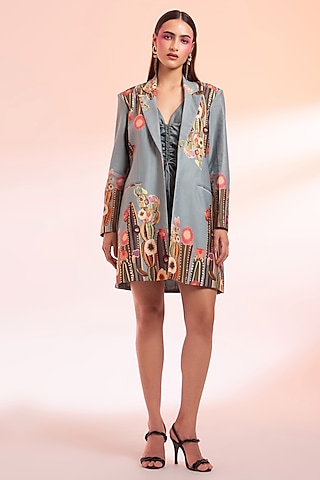 Grey Chanderi Silk Gathered Dress With Printed Blazer by Gazab By Miku Kumar