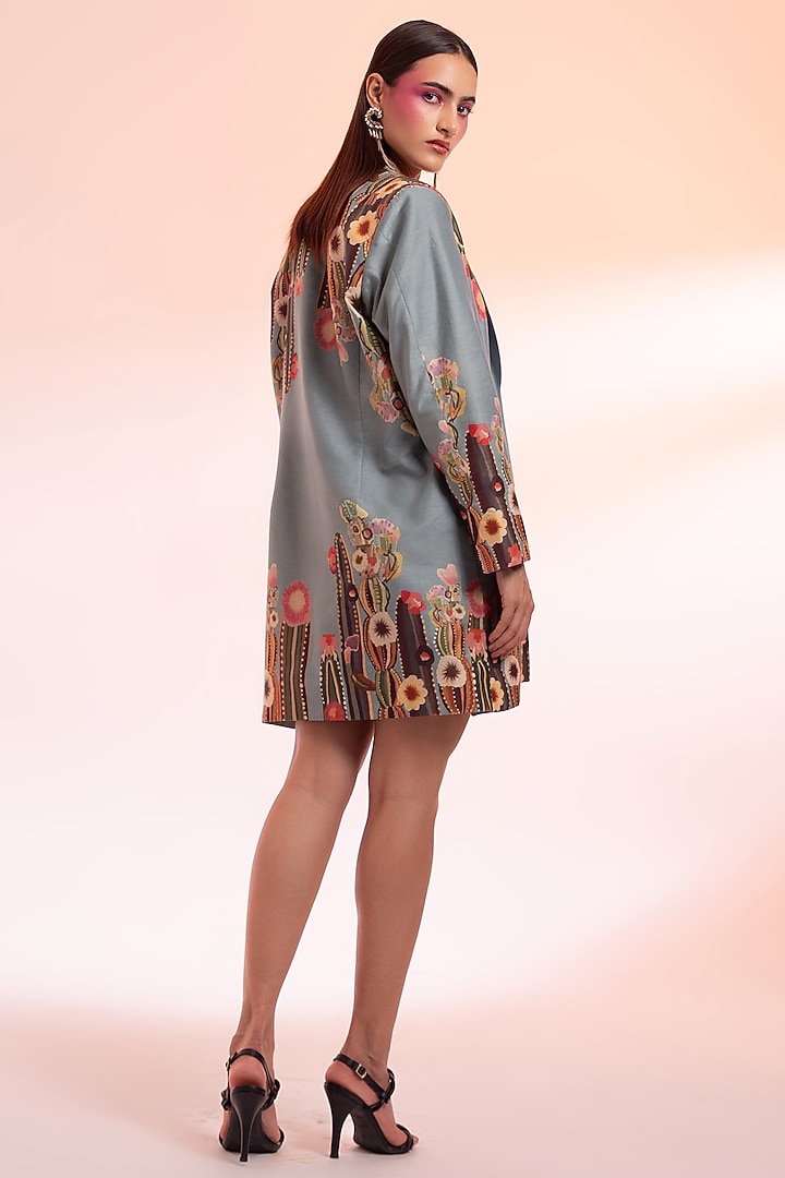 Grey Chanderi Silk Gathered Vacation Dress With Printed Blazer by Gazab By Miku Kumar at Pernia's Pop Up Shop