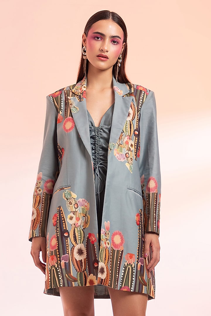 Grey Chanderi Silk Gathered Vacation Dress With Printed Blazer by Gazab By Miku Kumar at Pernia's Pop Up Shop