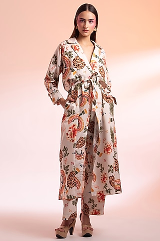 Beige Linen Printed Trench Coat Set by Gazab By Miku Kumar