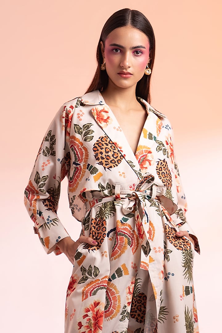 Beige Linen Printed Trench Coat Set by Gazab By Miku Kumar at Pernia's Pop Up Shop