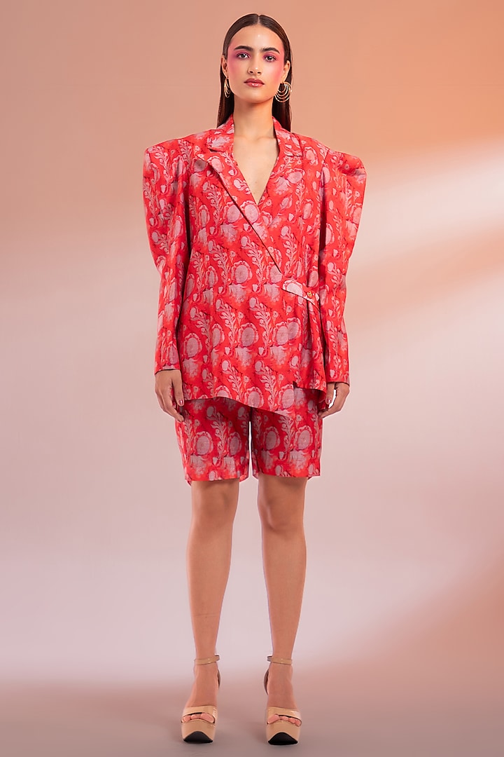 Red Chanderi Silk Printed Jacket Set by Gazab By Miku Kumar at Pernia's Pop Up Shop