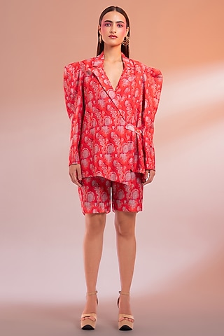 Red Chanderi Silk Printed Jacket Set by Gazab By Miku Kumar