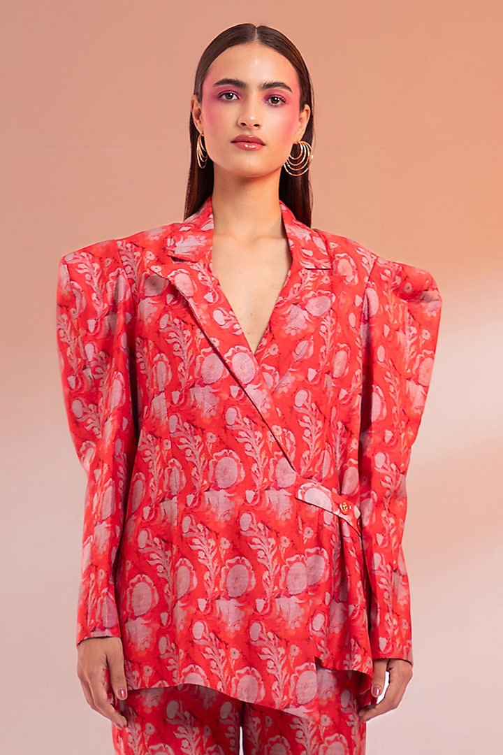 Red Chanderi Silk Printed Jacket Set by Gazab By Miku Kumar at Pernia's Pop Up Shop