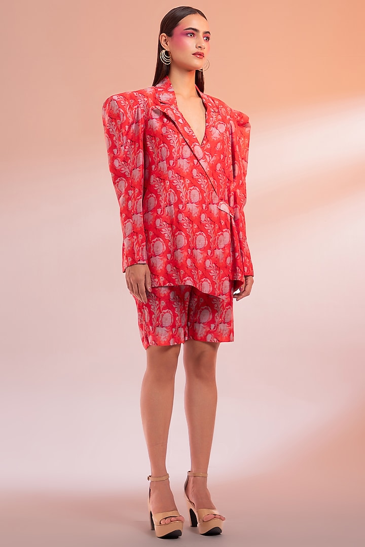 Red Chanderi Silk Printed Jacket Set by Gazab By Miku Kumar at Pernia's Pop Up Shop