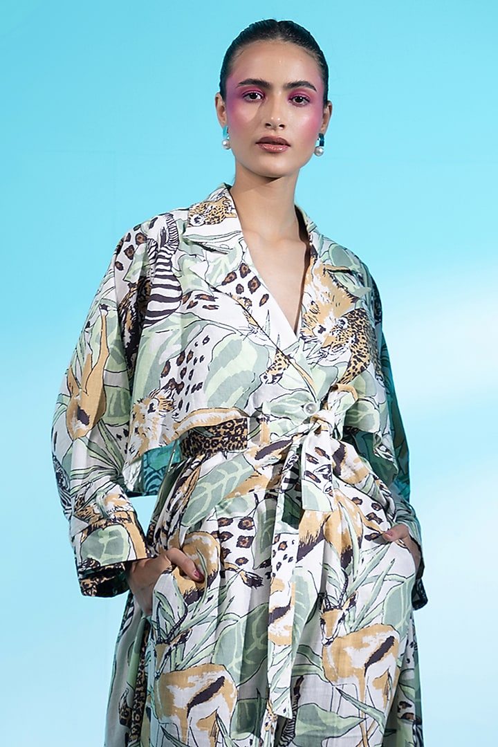 Multi-Colored Linen Leopard Printed Trench Coat Set by Gazab By Miku Kumar at Pernia's Pop Up Shop