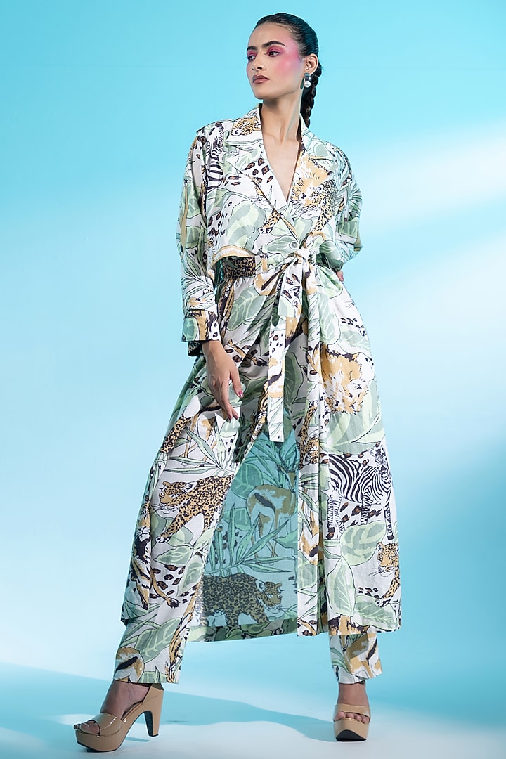 Multi-Colored Linen Leopard Printed Trench Coat Set by Gazab By Miku Kumar at Pernia's Pop Up Shop