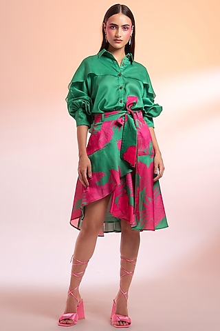Green Silk Floral Printed Skirt Set by Gazab By Miku Kumar