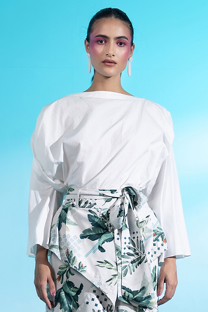 Multi-Colored Twill Silk Leaf Printed Skirt Set by Gazab By Miku Kumar at Pernia's Pop Up Shop