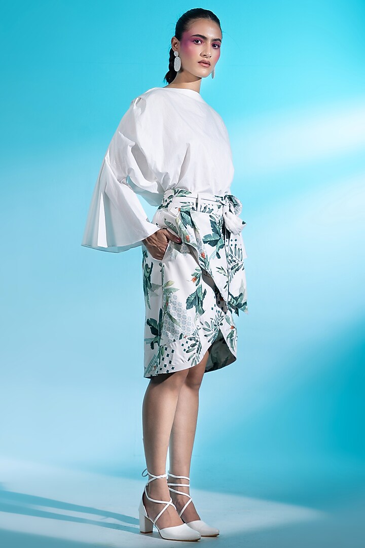 Multi-Colored Twill Silk Leaf Printed Skirt Set by Gazab By Miku Kumar at Pernia's Pop Up Shop