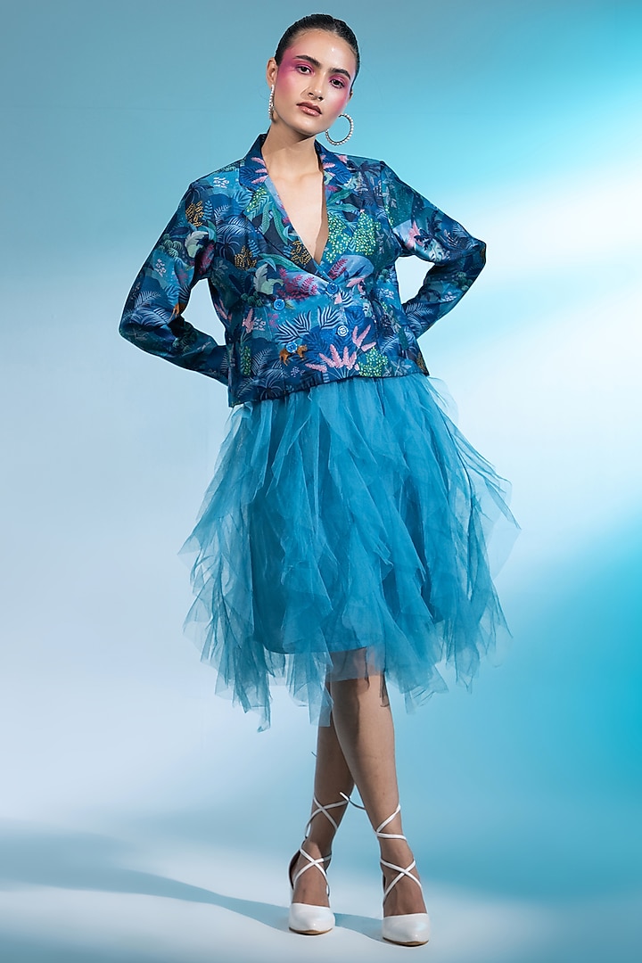 Teal Blue Tulle Ruffled Mini Skirt Set by Gazab By Miku Kumar at Pernia's Pop Up Shop