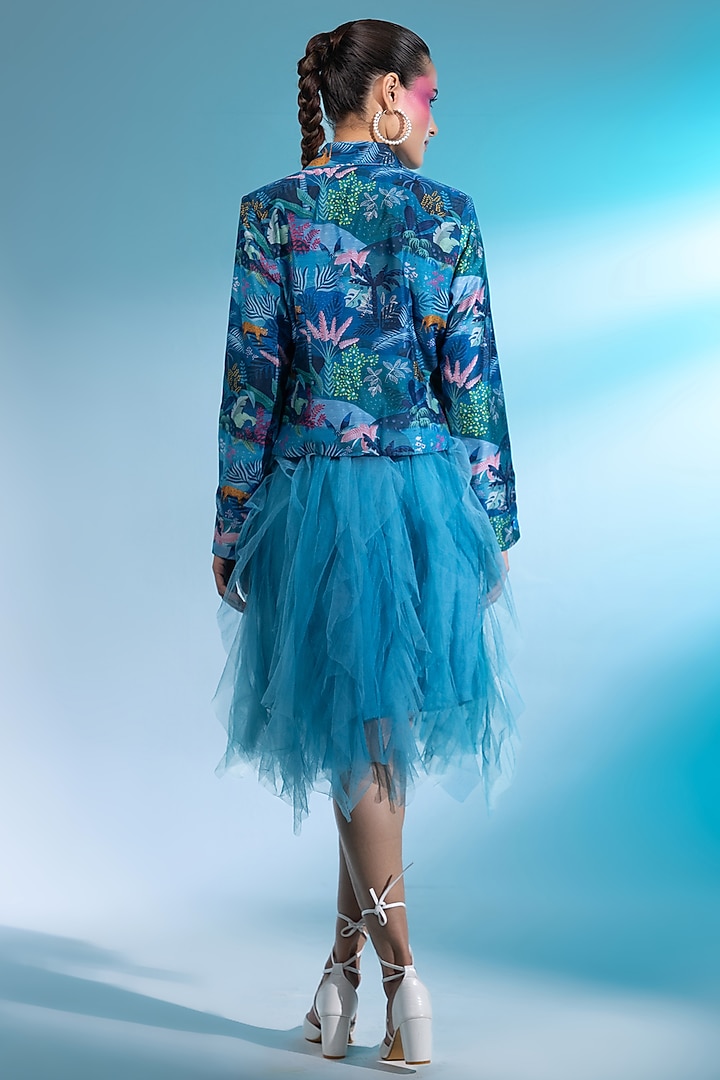 Teal Blue Tulle Ruffled Mini Skirt Set by Gazab By Miku Kumar at Pernia's Pop Up Shop