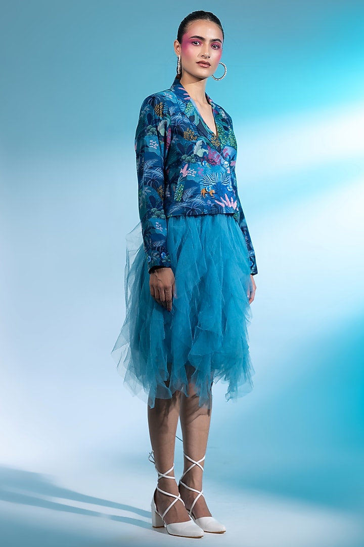 Teal Blue Tulle Ruffled Mini Skirt Set by Gazab By Miku Kumar at Pernia's Pop Up Shop