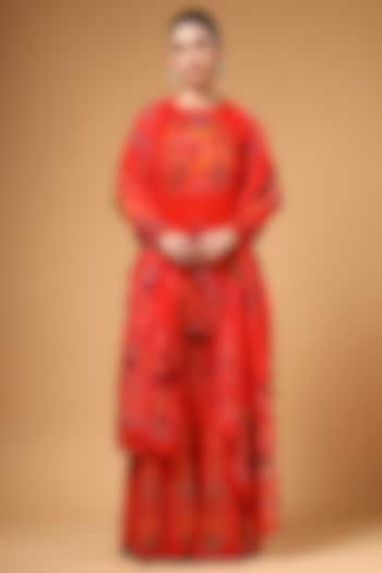 Red Georgette Printed Party Wear Sharara Set by Gazab By Miku Kumar at Pernia's Pop Up Shop