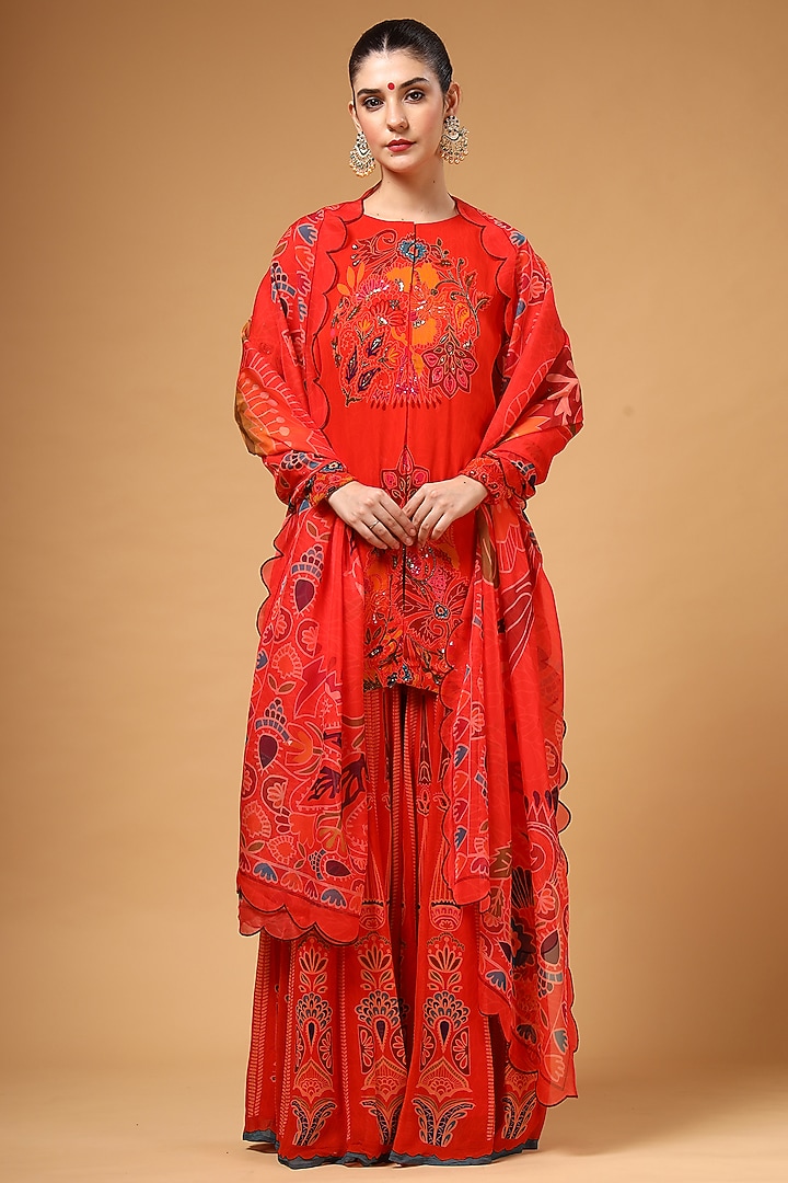 Red Georgette Printed Party Wear Sharara Set by Gazab By Miku Kumar at Pernia's Pop Up Shop