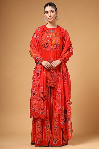 Red Georgette Printed Sharara Set by Gazab By Miku Kumar
