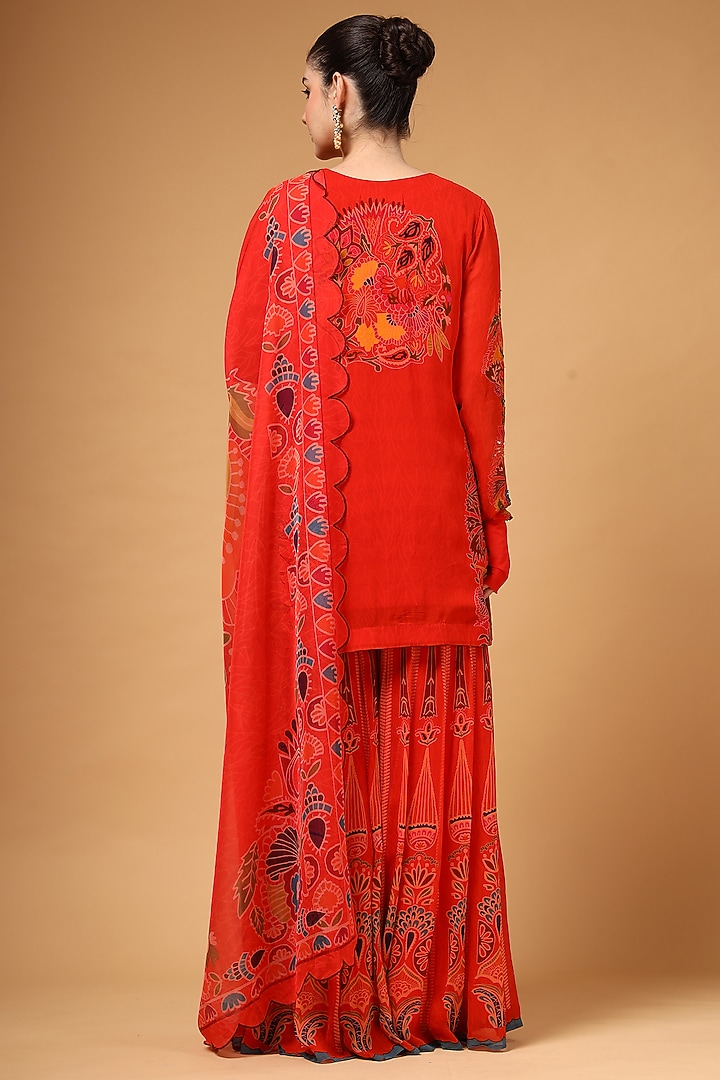 Red Georgette Printed Party Wear Sharara Set by Gazab By Miku Kumar at Pernia's Pop Up Shop