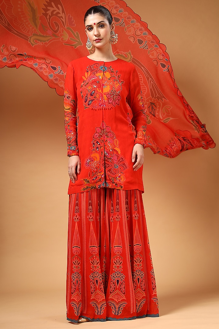 Red Georgette Printed Party Wear Sharara Set by Gazab By Miku Kumar at Pernia's Pop Up Shop