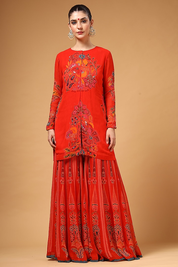 Red Georgette Printed Party Wear Sharara Set by Gazab By Miku Kumar at Pernia's Pop Up Shop