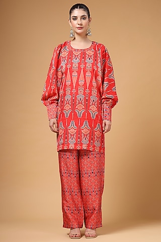 Red Silk Crepe Printed Co-Ord Set by Gazab By Miku Kumar