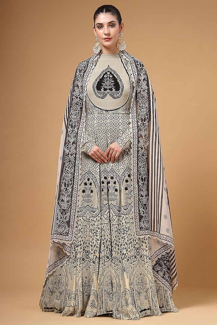Black & White Georgette Printed Party Wear Anarkali Set by Gazab By Miku Kumar at Pernia's Pop Up Shop