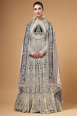 Black & White Georgette Printed Anarkali Set by Gazab By Miku Kumar