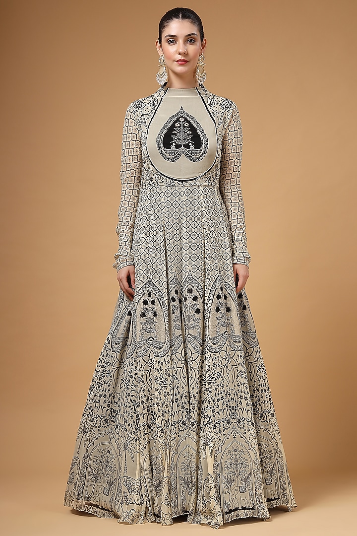 Black & White Georgette Printed Party Wear Anarkali Set by Gazab By Miku Kumar at Pernia's Pop Up Shop