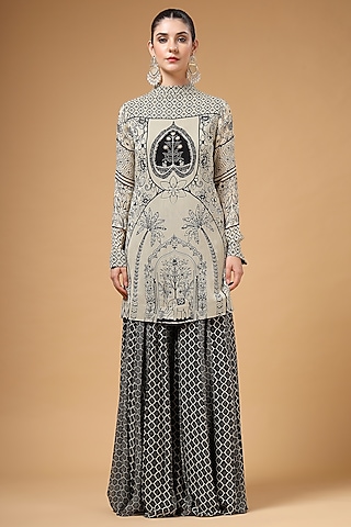 Black & White Georgette Sharara Set by Gazab By Miku Kumar
