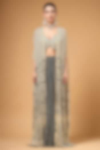 Black & White Georgette Printed & Sequins Embroidered Cape Set by Gazab By Miku Kumar at Pernia's Pop Up Shop