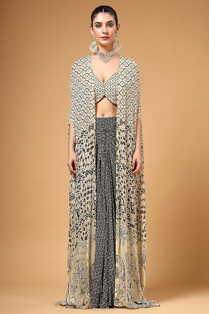 Black & White Georgette Printed & Sequins Embroidered Cape Set by Gazab By Miku Kumar at Pernia's Pop Up Shop