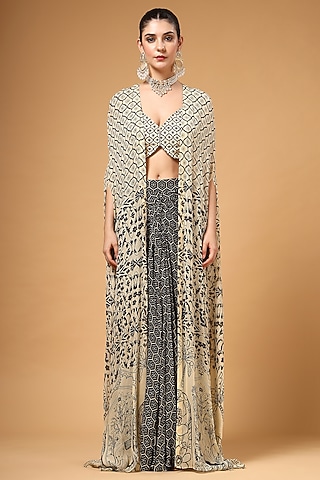 Black & White Georgette Printed & Sequins Embroidered Cape Set by Gazab By Miku Kumar