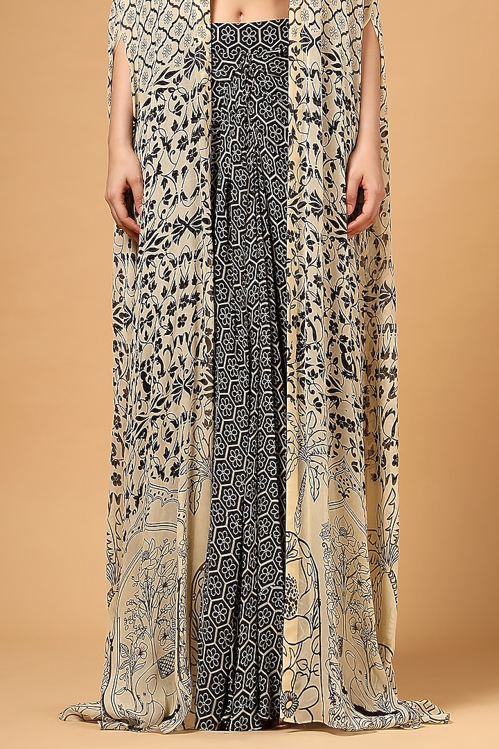 Black & White Georgette Printed & Sequins Embroidered Cape Set by Gazab By Miku Kumar at Pernia's Pop Up Shop