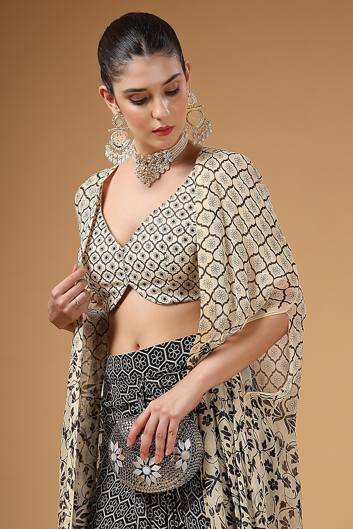 Black & White Georgette Printed & Sequins Embroidered Cape Set by Gazab By Miku Kumar at Pernia's Pop Up Shop