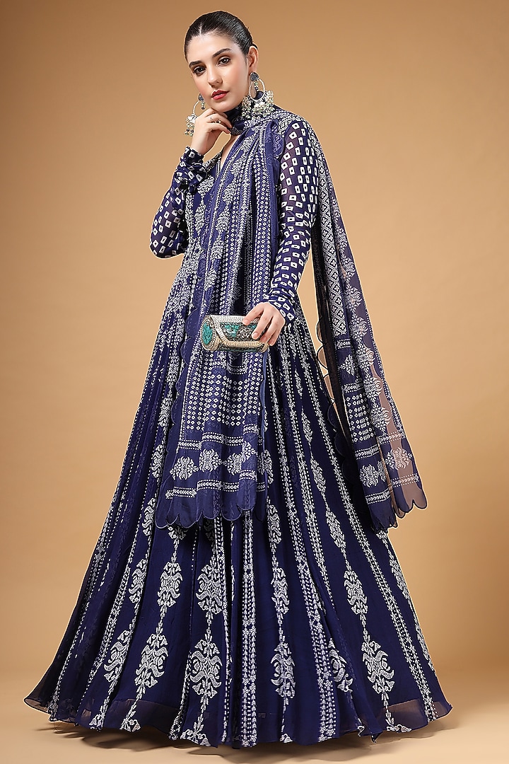 Midnight Blue Georgette Printed & Hand Embroidered Party Wear Anarkali Set by Gazab By Miku Kumar at Pernia's Pop Up Shop