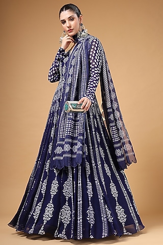 Midnight Blue Georgette Printed & Hand Embroidered Anarkali Set by Gazab By Miku Kumar