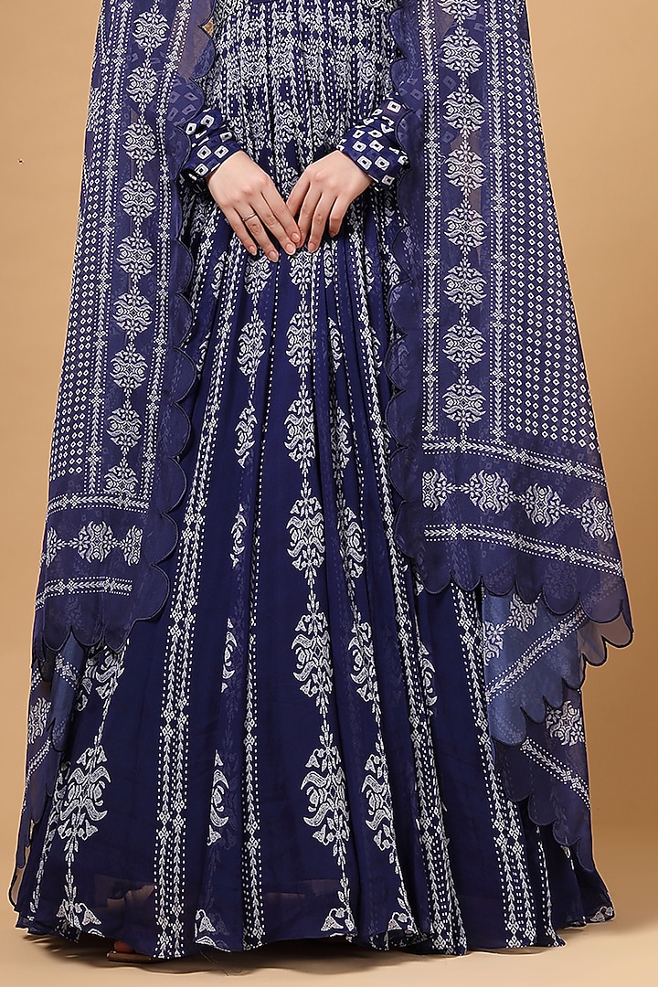 Midnight Blue Georgette Printed & Hand Embroidered Party Wear Anarkali Set by Gazab By Miku Kumar at Pernia's Pop Up Shop