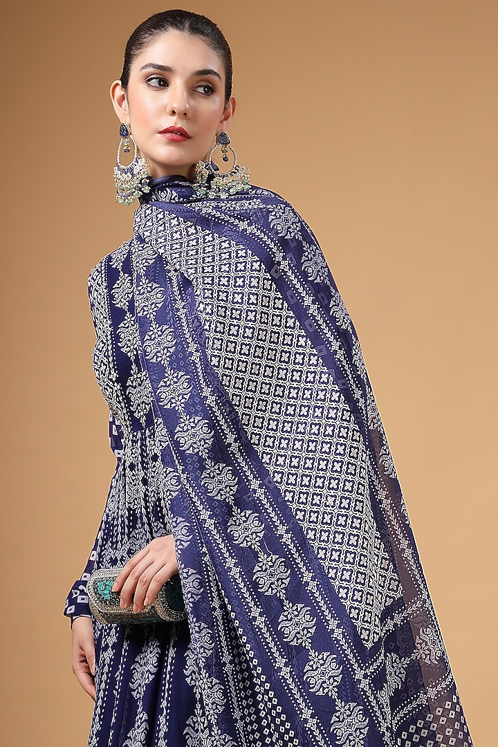 Midnight Blue Georgette Printed & Hand Embroidered Party Wear Anarkali Set by Gazab By Miku Kumar at Pernia's Pop Up Shop