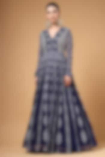 Midnight Blue Georgette Printed & Hand Embroidered Party Wear Anarkali Set by Gazab By Miku Kumar at Pernia's Pop Up Shop