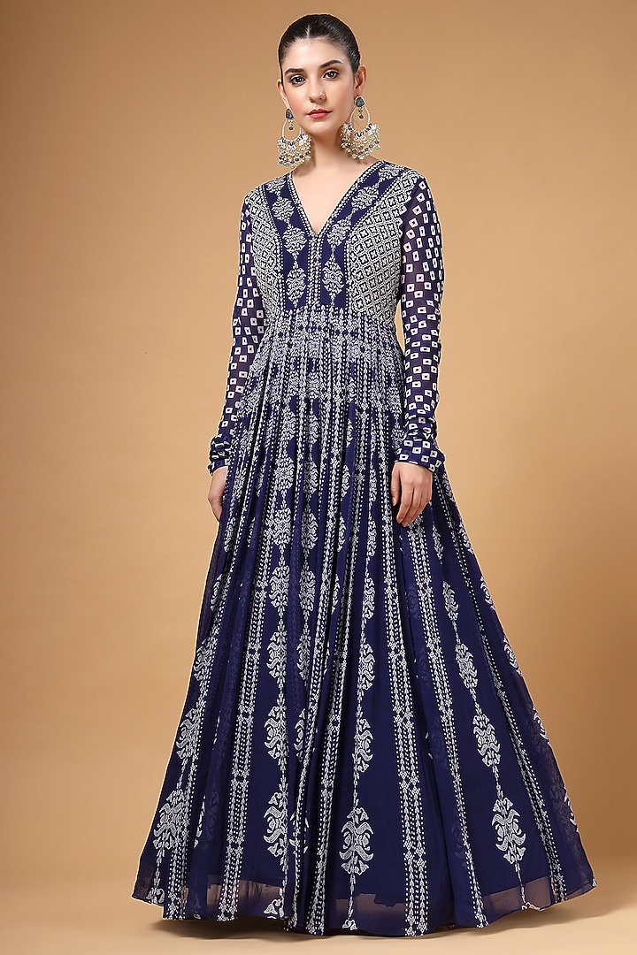 Midnight Blue Georgette Printed & Hand Embroidered Party Wear Anarkali Set by Gazab By Miku Kumar at Pernia's Pop Up Shop
