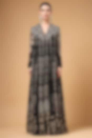 Black Silk Crepe Printed & Hand Embroidered Party Wear Anarkali Set by Gazab By Miku Kumar at Pernia's Pop Up Shop