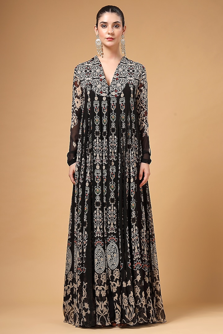 Black Silk Crepe Printed & Hand Embroidered Party Wear Anarkali Set by Gazab By Miku Kumar at Pernia's Pop Up Shop