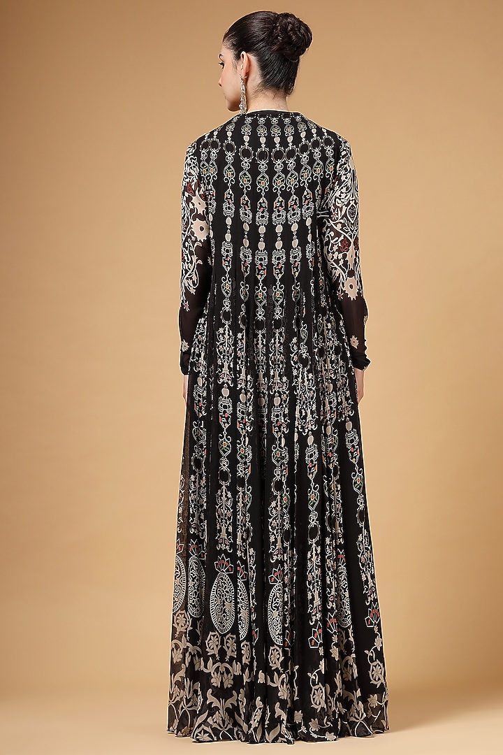 Black Silk Crepe Printed & Hand Embroidered Party Wear Anarkali Set by Gazab By Miku Kumar at Pernia's Pop Up Shop