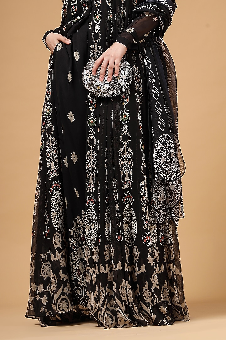 Black Silk Crepe Printed & Hand Embroidered Party Wear Anarkali Set by Gazab By Miku Kumar at Pernia's Pop Up Shop