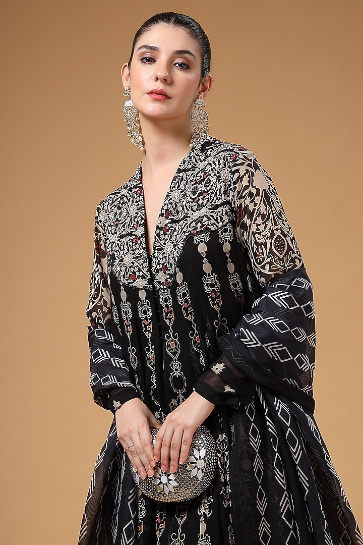 Black Silk Crepe Printed & Hand Embroidered Party Wear Anarkali Set by Gazab By Miku Kumar at Pernia's Pop Up Shop