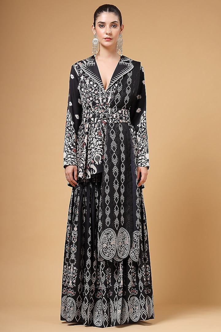 Black Silk Crepe Printed Jacket Set by Gazab By Miku Kumar at Pernia's Pop Up Shop