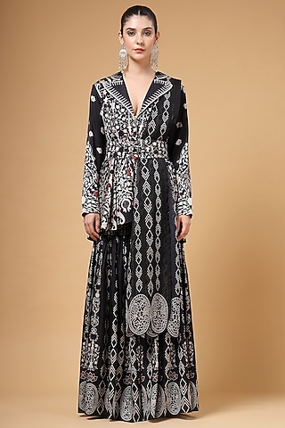 Black Silk Crepe Printed Jacket Set by Gazab By Miku Kumar