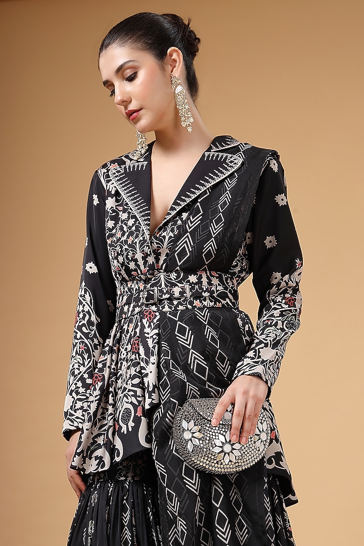 Black Silk Crepe Printed Jacket Set by Gazab By Miku Kumar at Pernia's Pop Up Shop