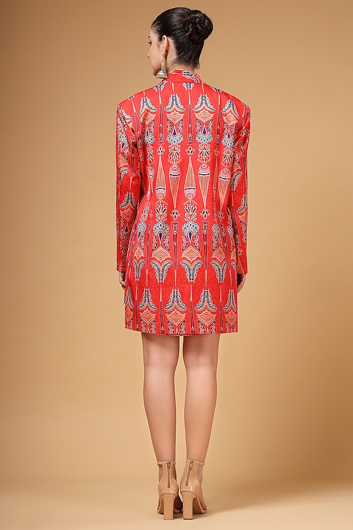Red Silk Crepe Printed Jacket Vacation Dress by Gazab By Miku Kumar at Pernia's Pop Up Shop
