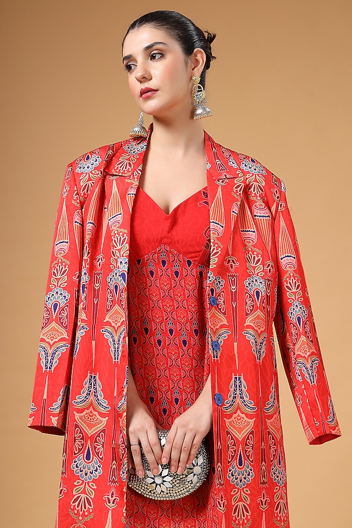 Red Silk Crepe Printed Jacket Vacation Dress by Gazab By Miku Kumar at Pernia's Pop Up Shop