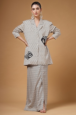 Ivory & Black Silk Crepe Printed Jacket Set by Gazab By Miku Kumar